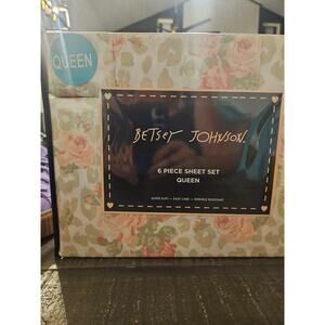 Betsey Johnson 6 piece queen sheet set wild love leopard roses pink beige NIP